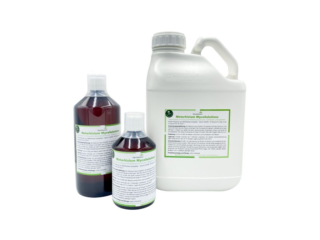 Metarhizium MycoSolutions gegen Engerlinge von Junikäfer, Gartenlaubkäfer und Japankäfer erhältlich in 500 ml, 1000 ml und 5000 ml.