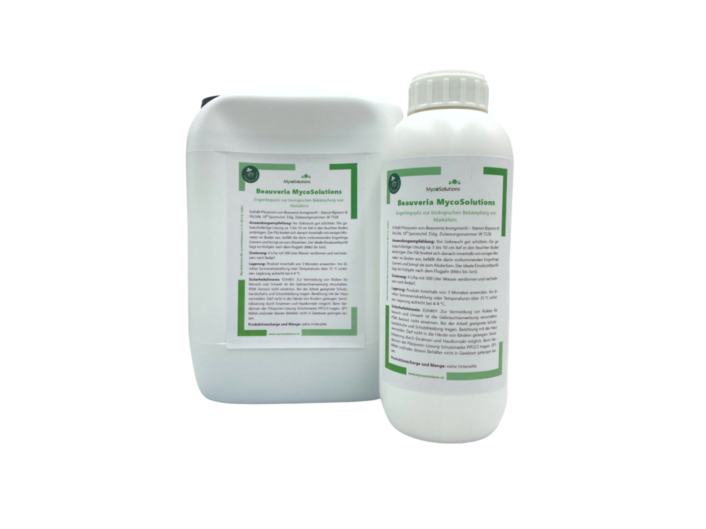 Beauveria MycoSolutions gegen Engerlinge des Maikäfers erhältlich in 1000 ml und 5000 ml.